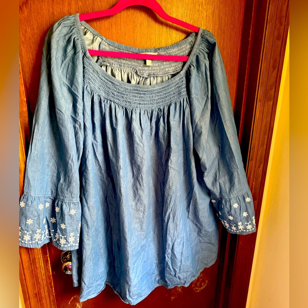 Terra & Sky Denim Blue Blouse with Floral Embroidery size 2x